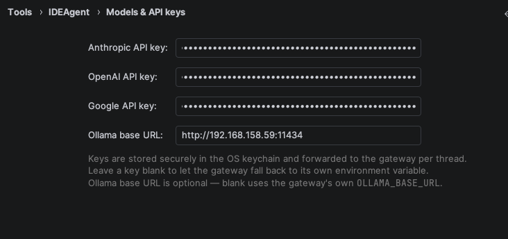 Models & API keys settings — Anthropic, OpenAI and Google API key fields plus the Ollama base URL