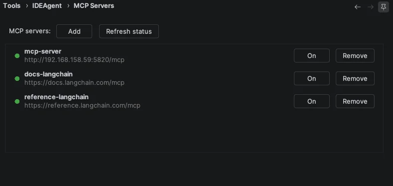 MCP Servers configuration screen showing connected status on port 5820