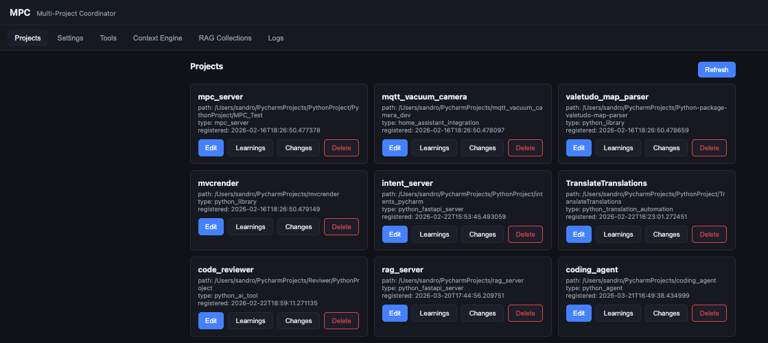 Project Context web GUI showing the Projects list with registered projects