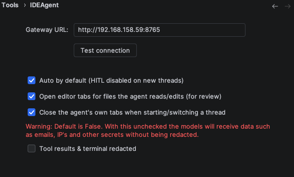 IDEAgent plugin main settings panel