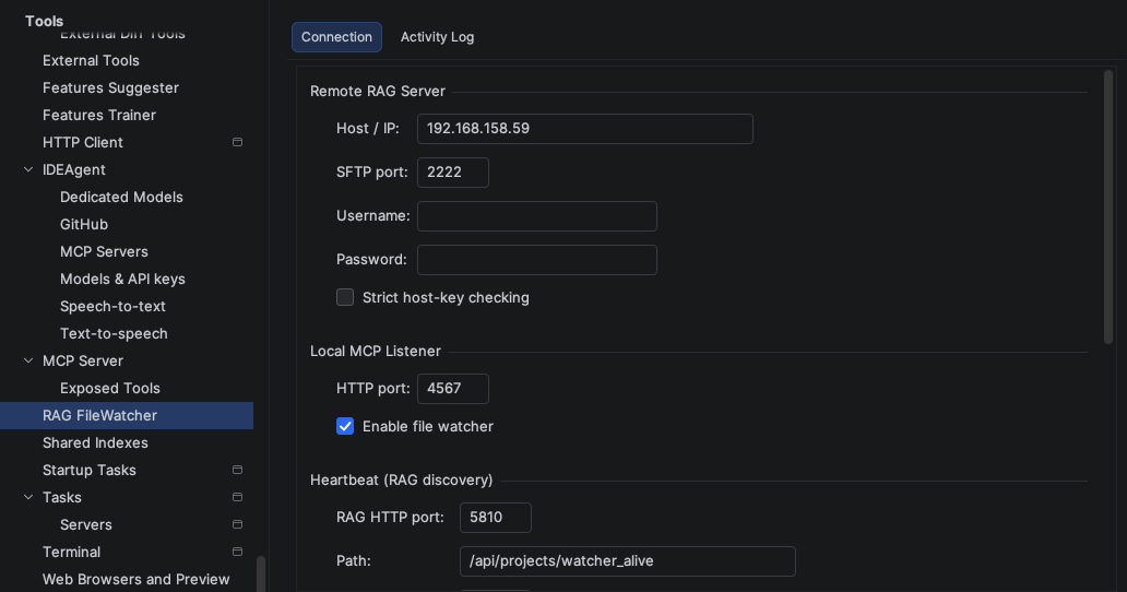 RAG file watcher settings — connection