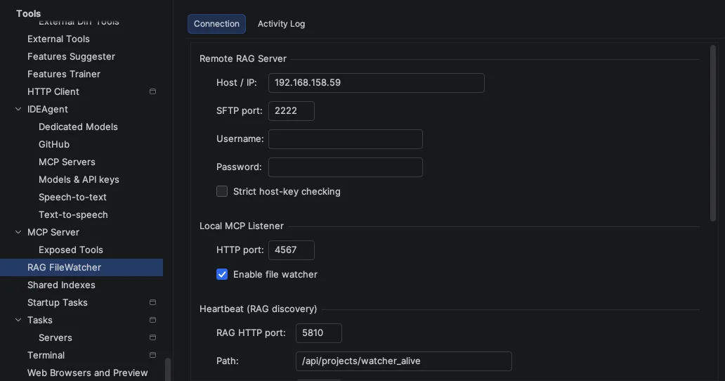 RAG File Watcher settings and index status