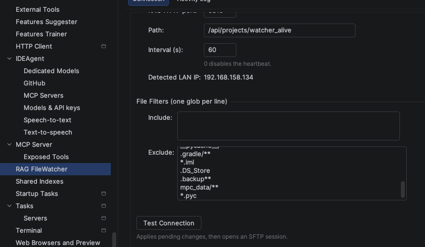 RAG file watcher settings — indexing and status