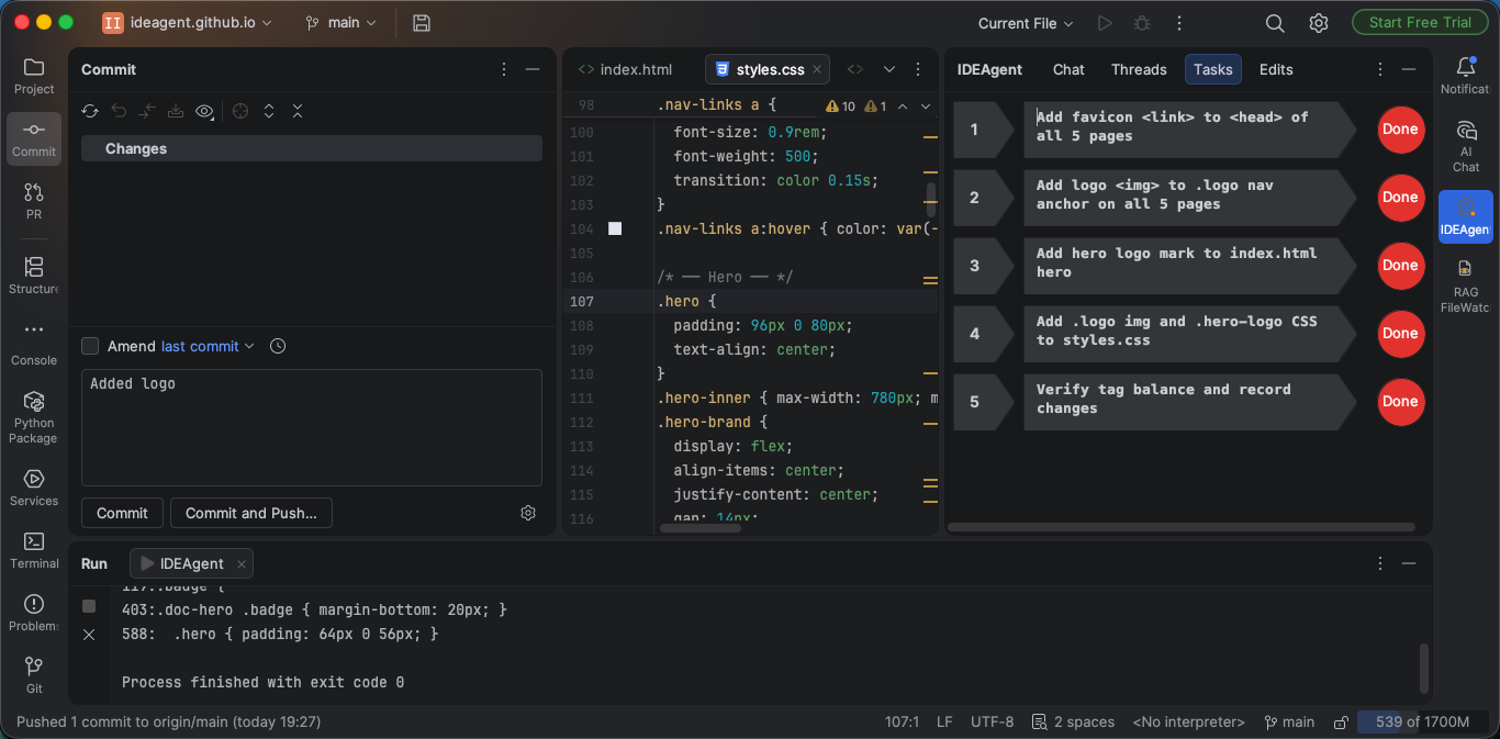 IDEAgent tasks view
