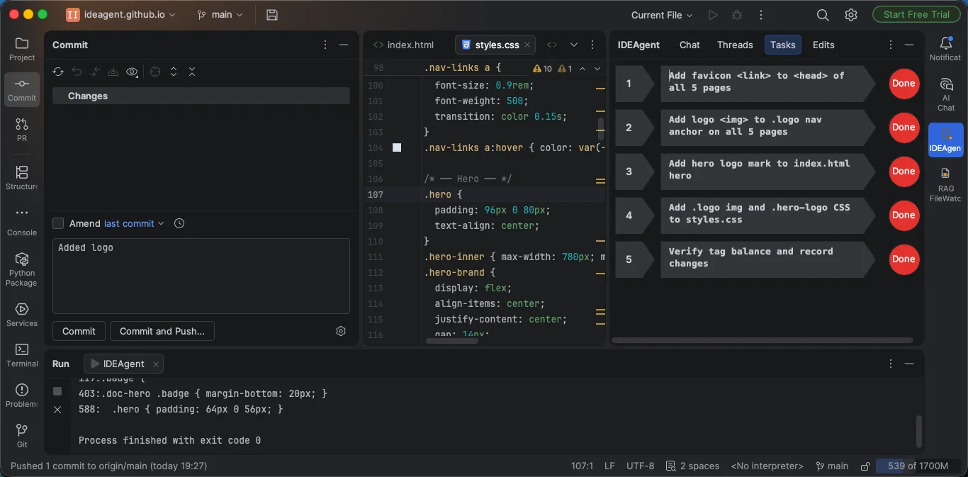 IDEAgent tasks view